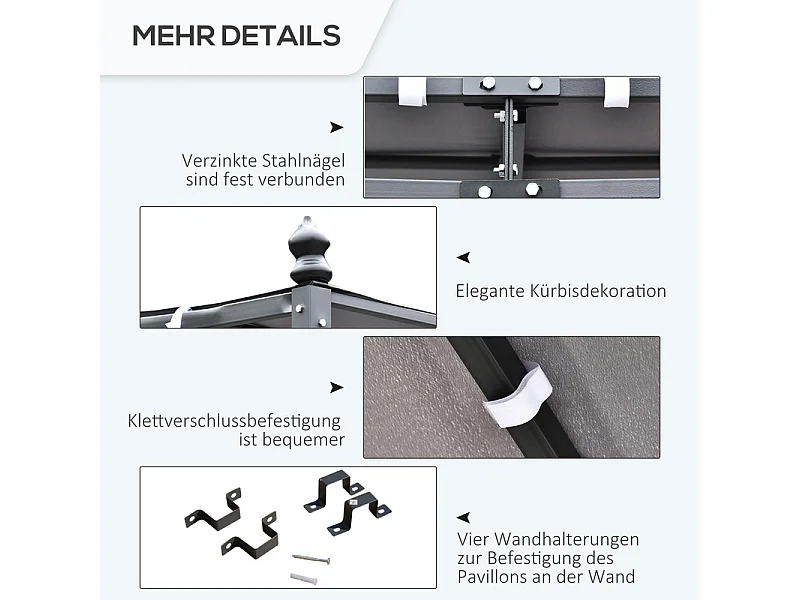 Pergola murale in metallo 297 x 297 x 250 cm - con 16 fori di drenaggio e telo in poliestere ad alta densità - Grigio