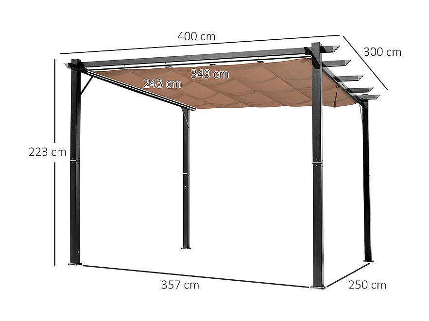 Pergola autoportante 3 × 4 x 2.23 m - tetto retrattile - telo marrone - struttura in alluminio - Grigio