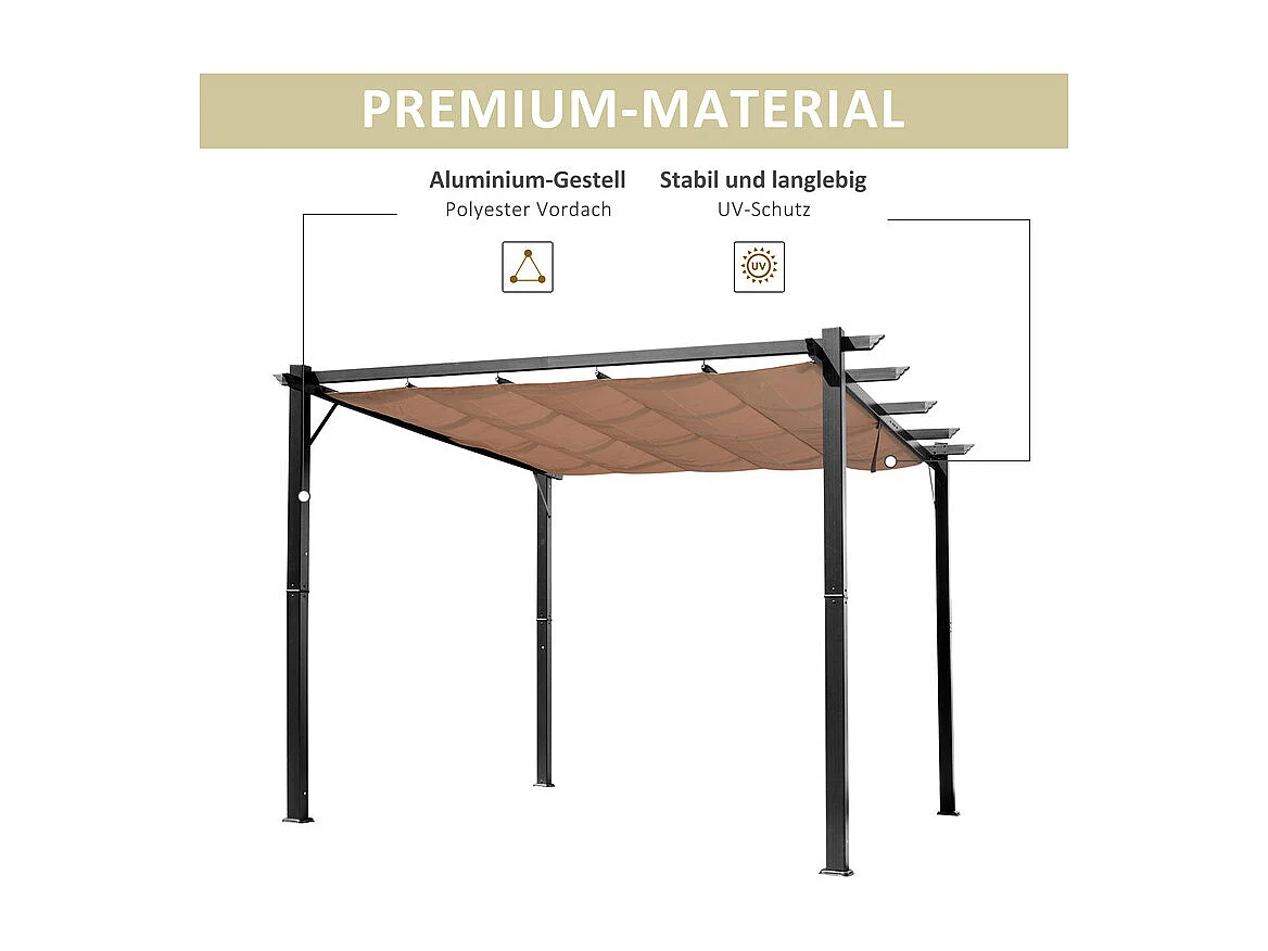 Pergola autoportante 3 × 4 x 2.23 m - tetto retrattile - telo marrone - struttura in alluminio - Grigio