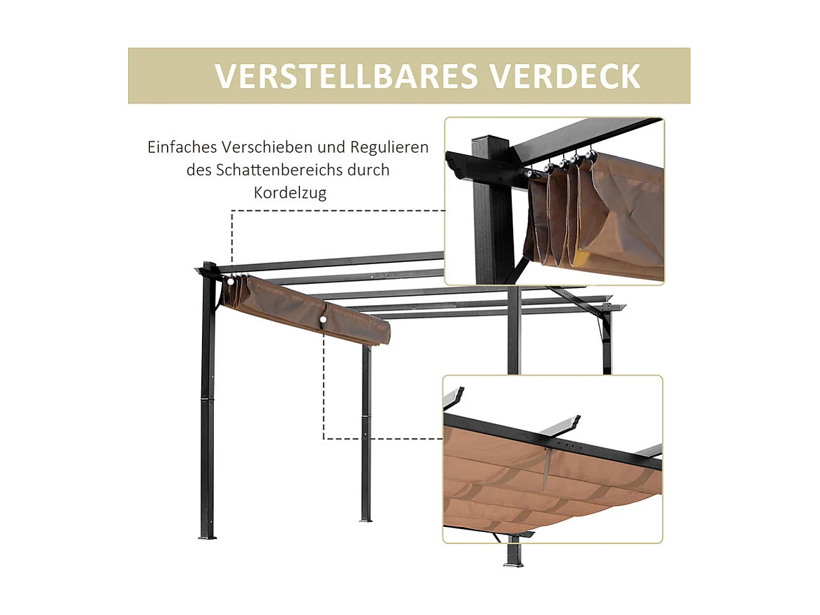 Pergola autoportante 3 × 4 x 2.23 m - tetto retrattile - telo marrone - struttura in alluminio - Grigio