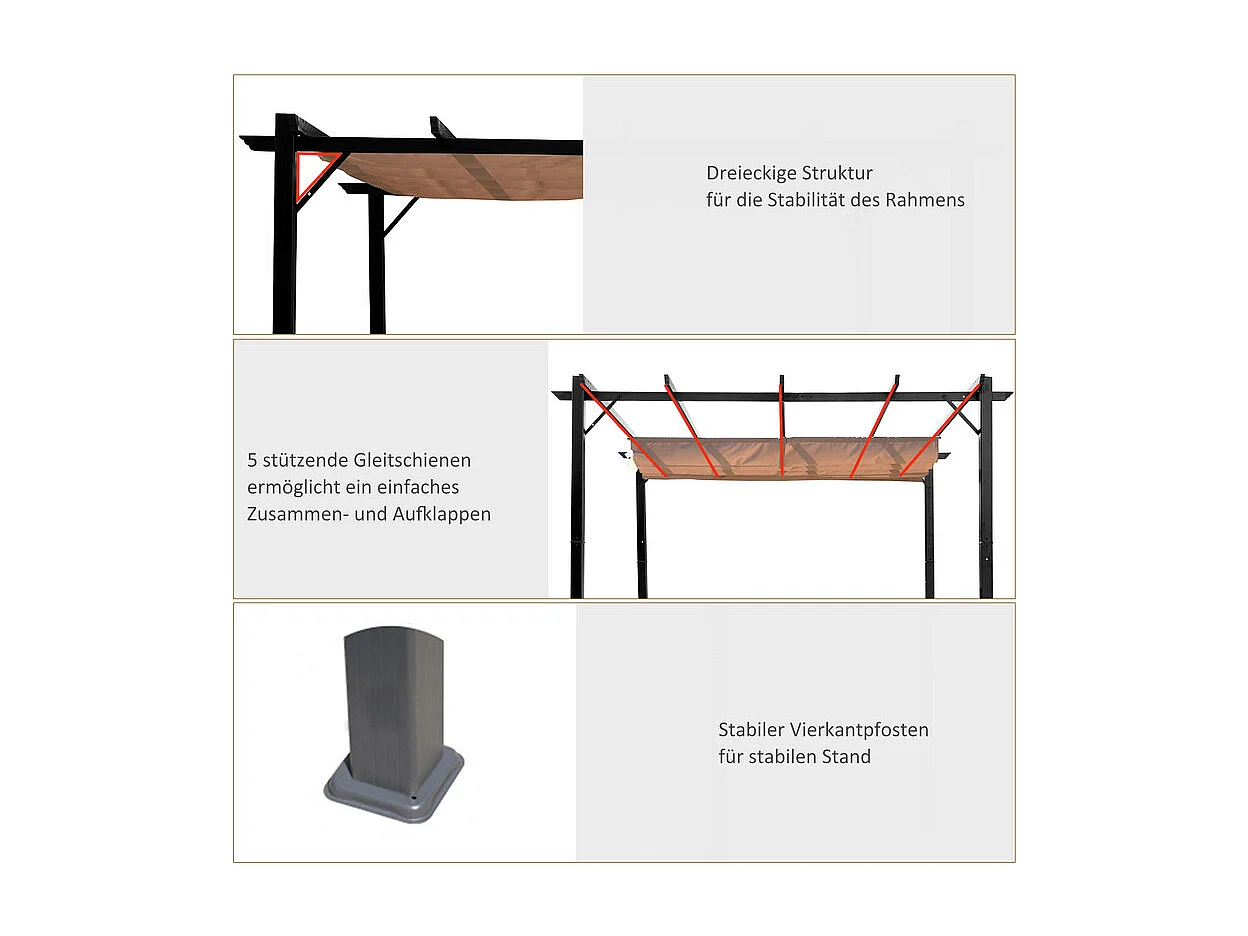 Pergola autoportante 3 × 4 x 2.23 m - tetto retrattile - telo marrone - struttura in alluminio - Grigio