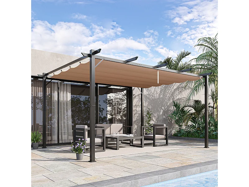 Pergola autoportante 3 × 4 x 2.23 m - tetto retrattile - telo marrone - struttura in alluminio - Grigio