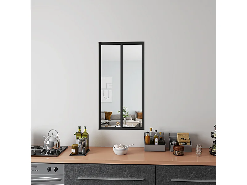 Verrière Atelier Fixe en Aluminium Noir L.63 x H.108 cm - Cloison Intérieure Design Industriel - 4mm Verre Transparent