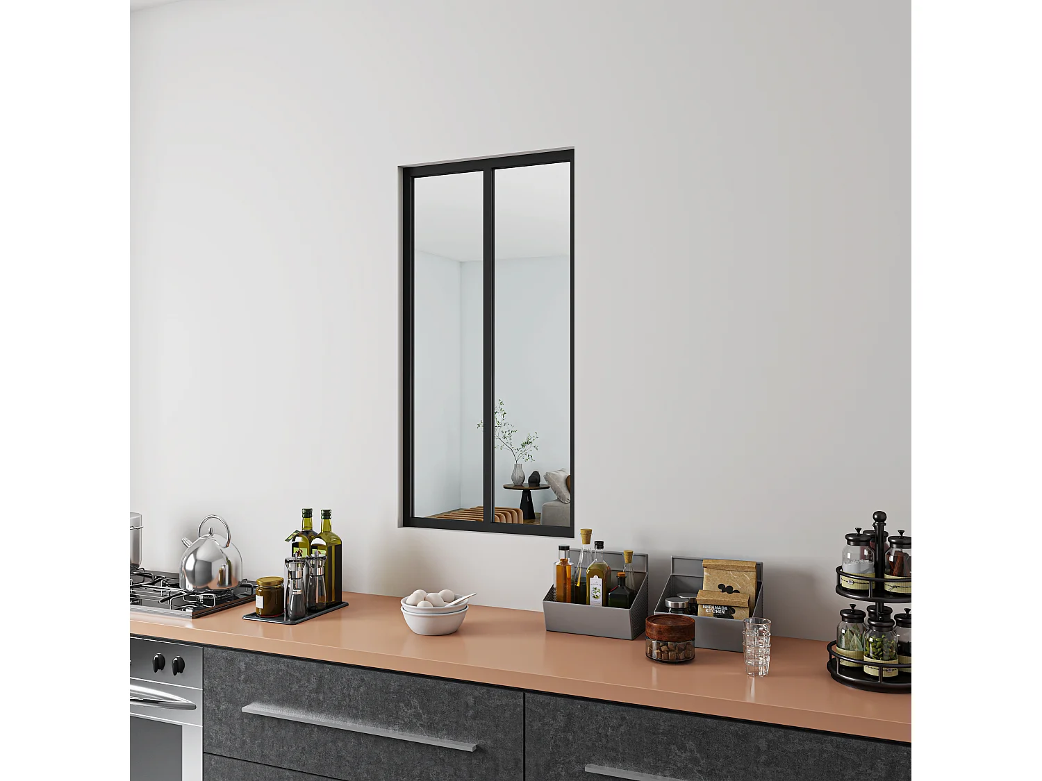 Verrière Atelier Fixe en Aluminium Noir L.63 x H.108 cm - Cloison Intérieure Design Industriel - 4mm Verre Transparent