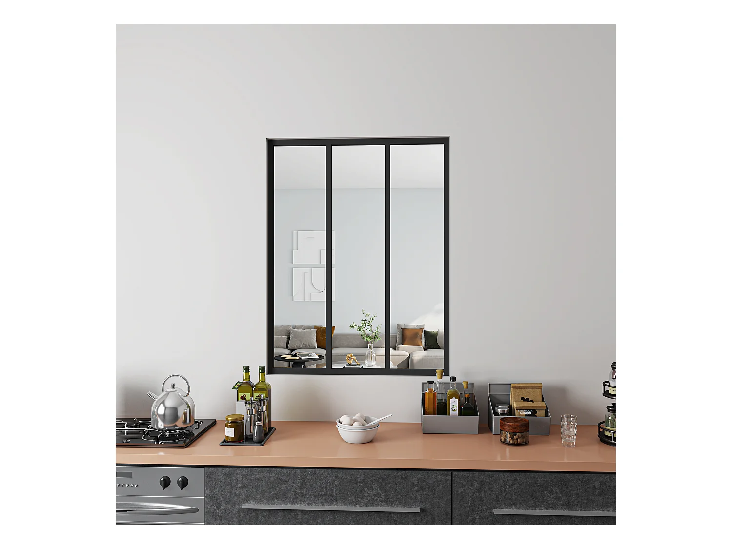 Verrière Atelier Fixe en Aluminium Noir L.93 x H.108 cm - Cloison Intérieure Design Industriel - 4mm Verre Transparent