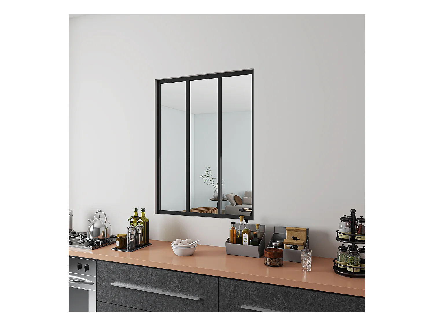 Verrière Atelier Fixe en Aluminium Noir L.93 x H.108 cm - Cloison Intérieure Design Industriel - 4mm Verre Transparent