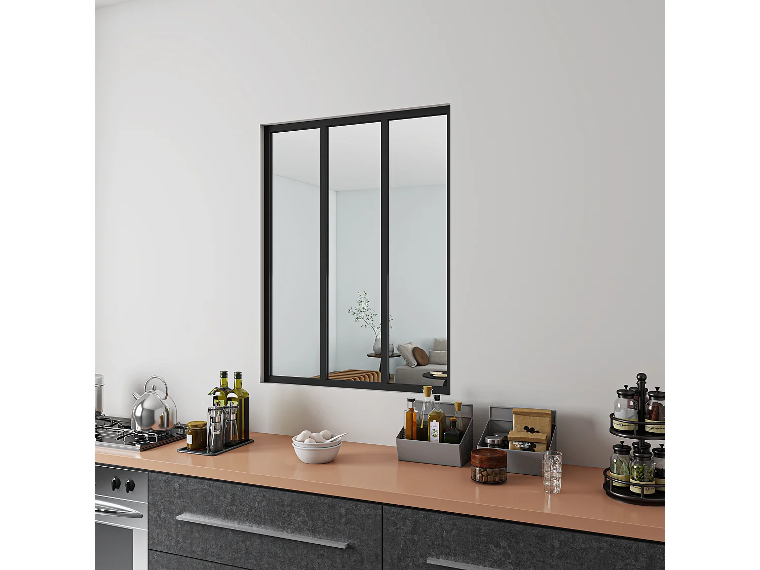 Verrière Atelier Fixe en Aluminium Noir L.93 x H.108 cm - Cloison Intérieure Design Industriel - 4mm Verre Transparent