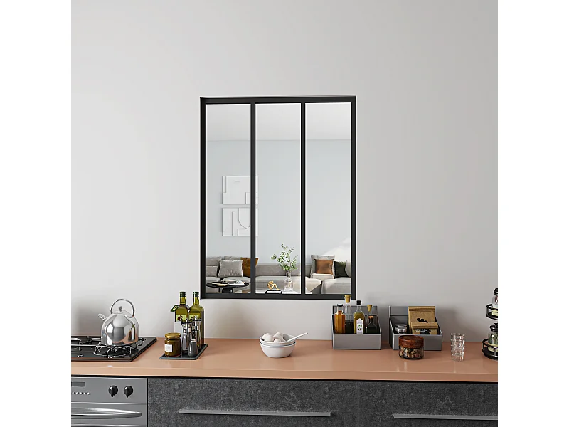 Vast atelierraam van zwart aluminium L.93 x H.108 cm - Industrieel design binnenwand - 4mm helder glas