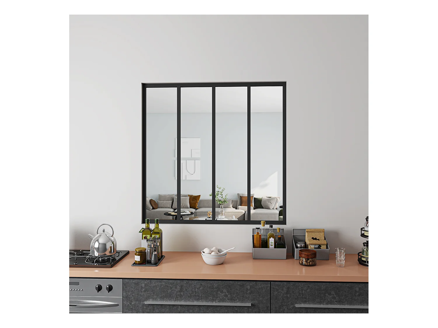 Verrière Atelier Fixe en Aluminium Noir L.123 x H.108 cm - Cloison Intérieure Design Industriel - 4mm Verre Transparent