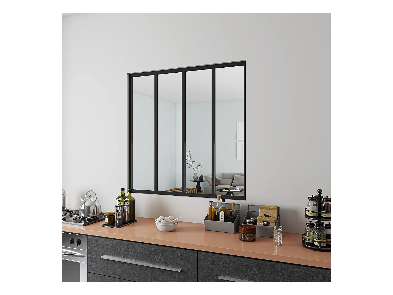 Verrière Atelier Fixe en Aluminium Noir L.123 x H.108 cm - Cloison Intérieure Design Industriel - 4mm Verre Transparent