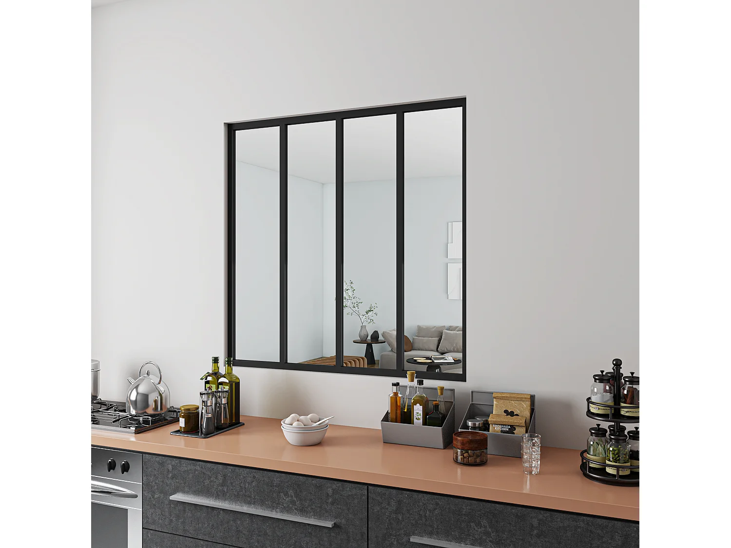 Vast atelierraam van zwart aluminium L.123 x H.108 cm - Industrieel design binnenwand - 4mm helder glas