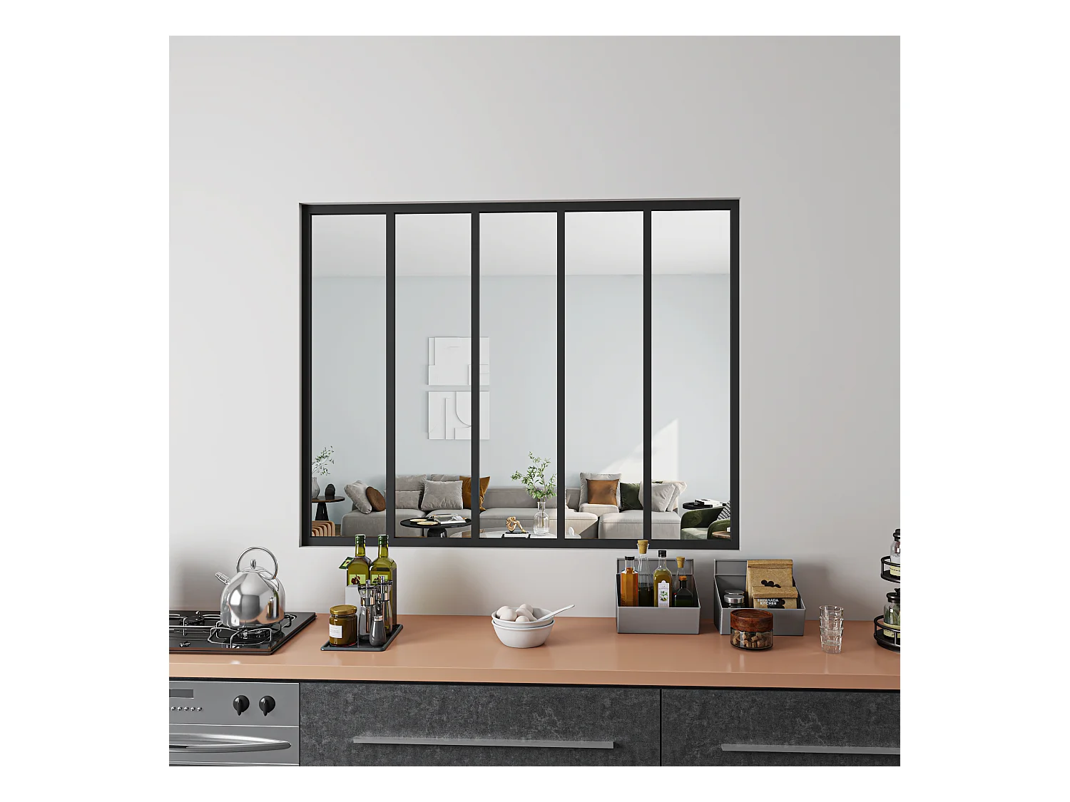 Verrière Atelier Fixe en Aluminium Noir L.153 x H.108 cm - Cloison Intérieure Design Industriel - 4mm Verre Transparent