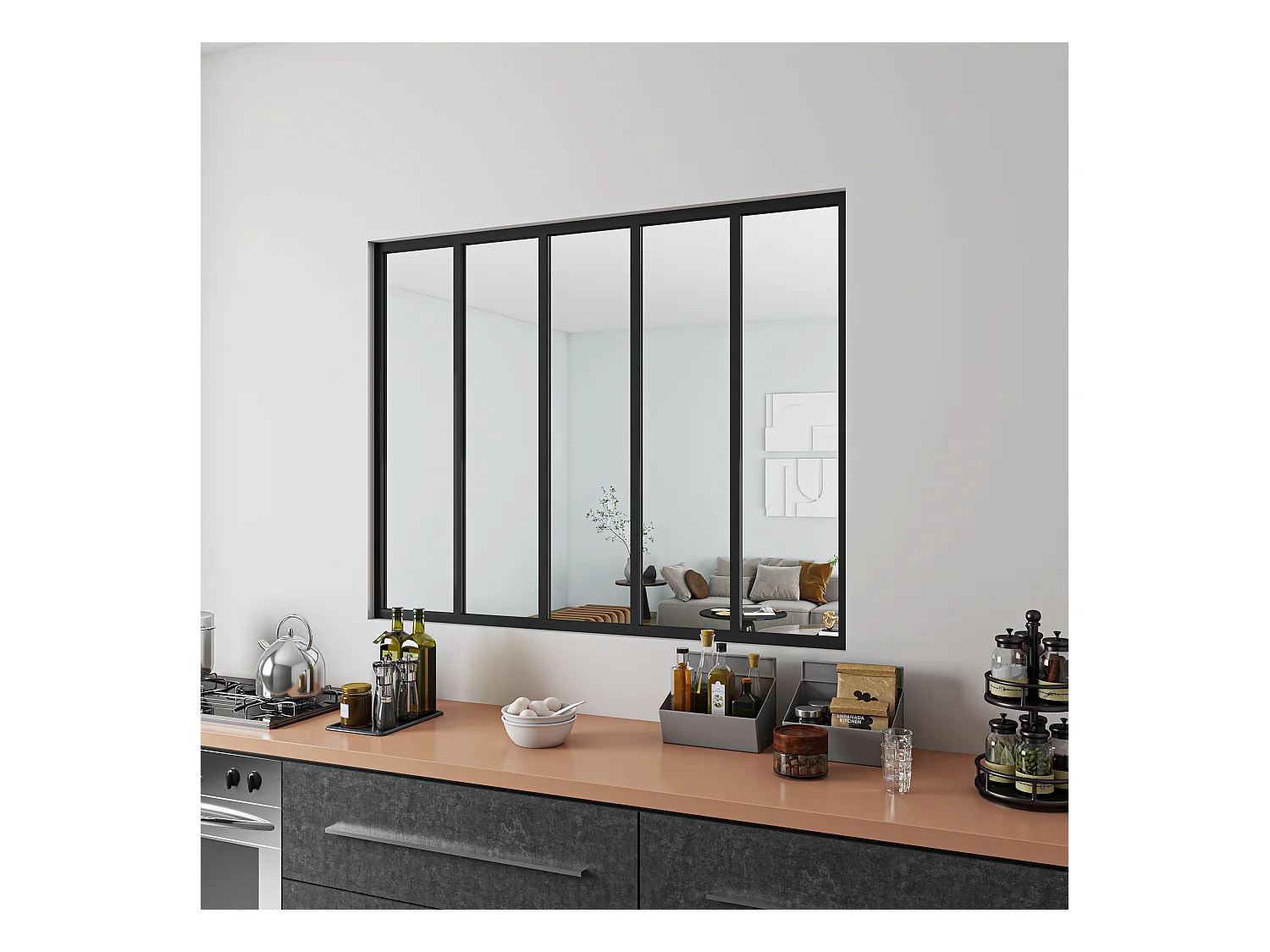 Verrière Atelier Fixe en Aluminium Noir L.153 x H.108 cm - Cloison Intérieure Design Industriel - 4mm Verre Transparent