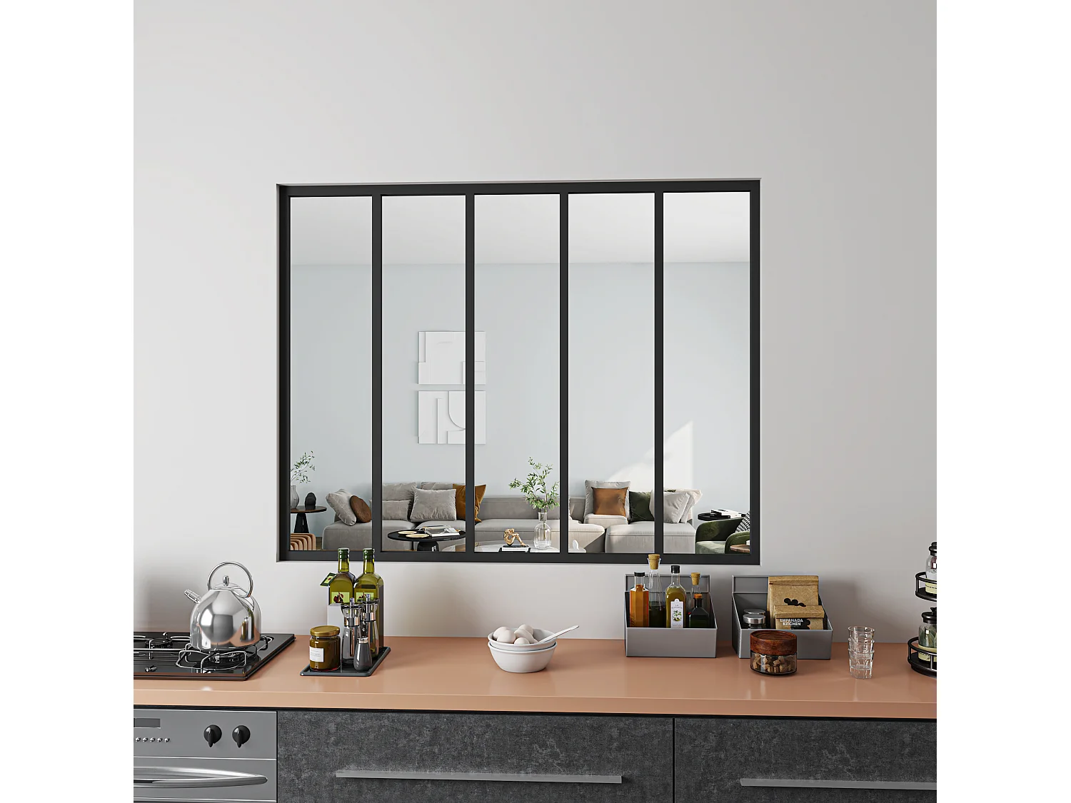 Verrière Atelier Fixe en Aluminium Noir L.153 x H.108 cm - Cloison Intérieure Design Industriel - 4mm Verre Transparent