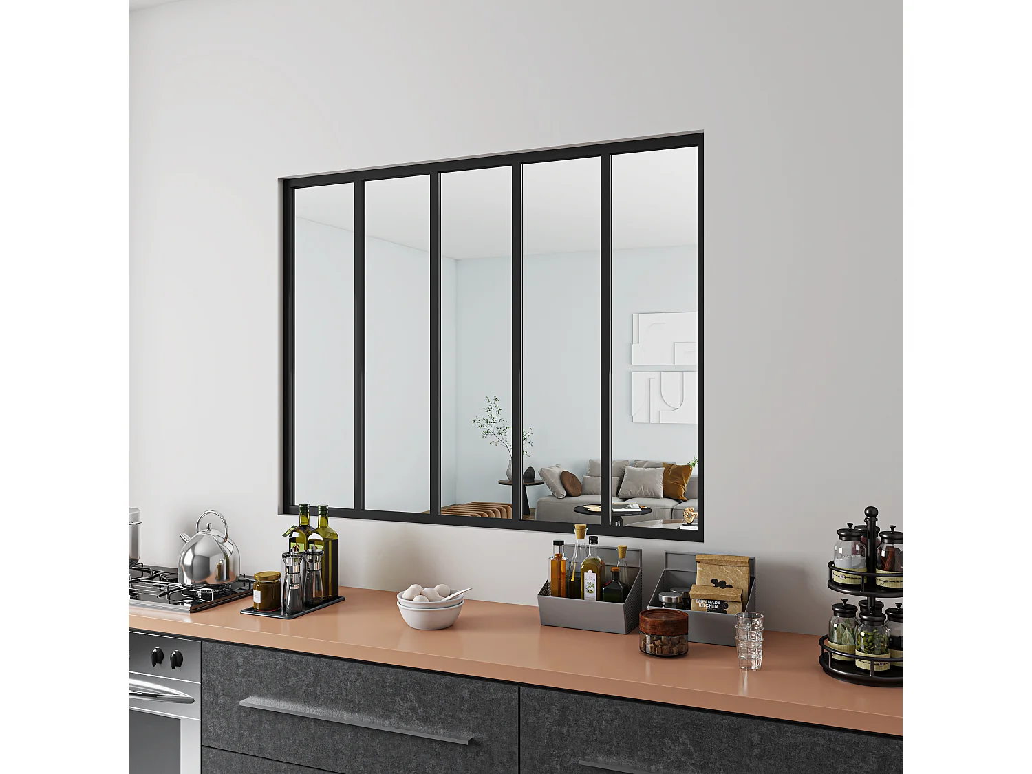 Verrière Atelier Fixe en Aluminium Noir L.153 x H.108 cm - Cloison Intérieure Design Industriel - 4mm Verre Transparent
