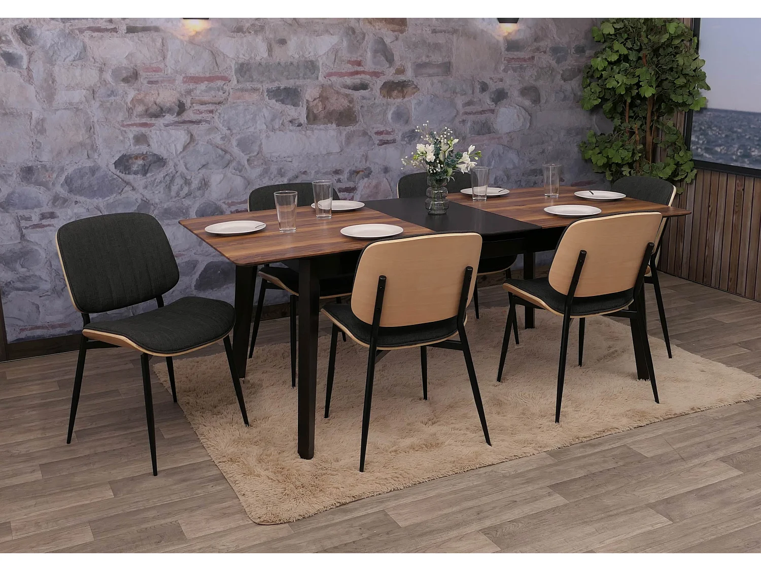 Esszimmerstuhl MCW-O44 (6er-Set), Natur, dunkelgrau