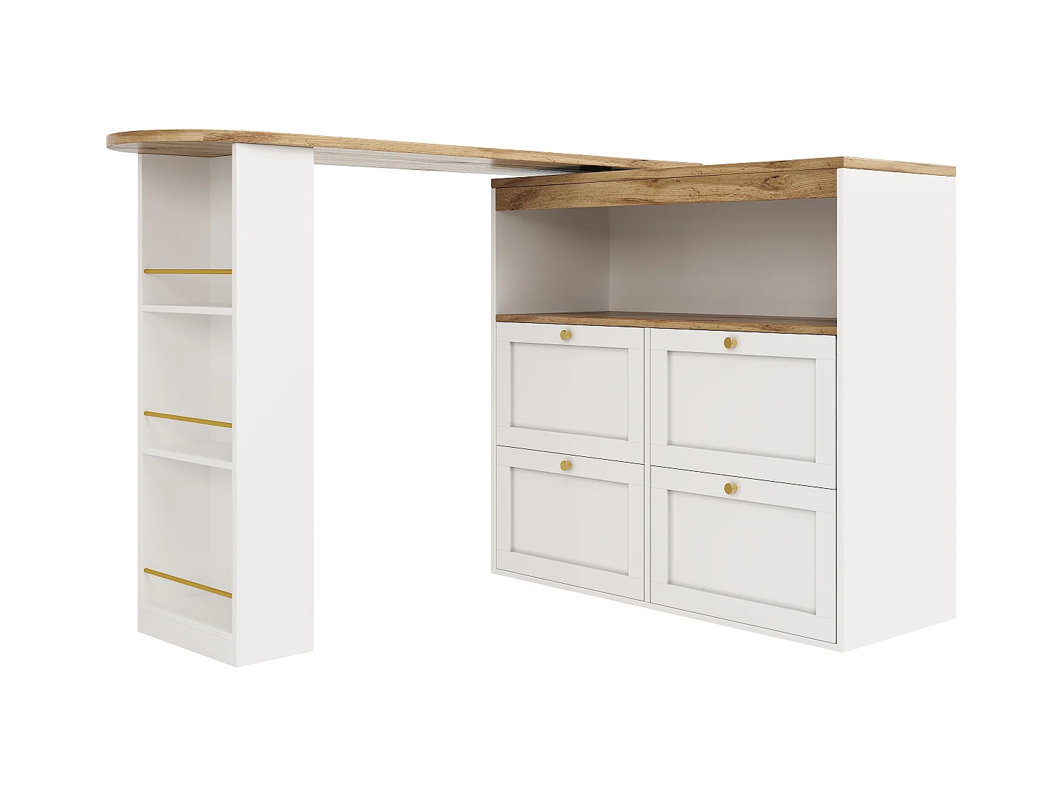 Buffet de cuisine avec plateau 360°pivotant, 4 tiroirs et 1 niche, blanc - 204x39x104cm