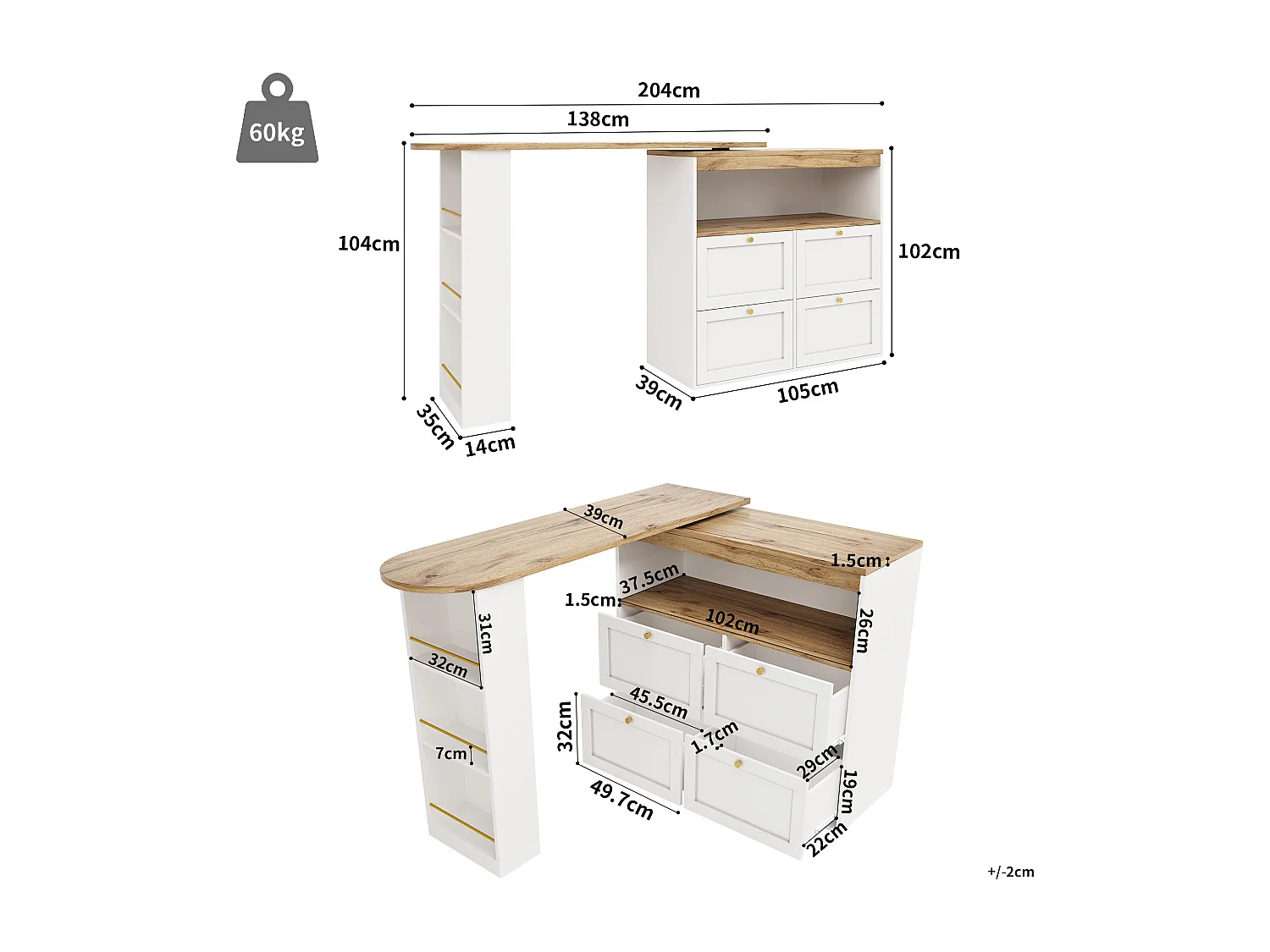 Credenza da cucina con piano girevole a 360°, 4 cassetti e 1 nicchia, bianca - 204x39x104cm