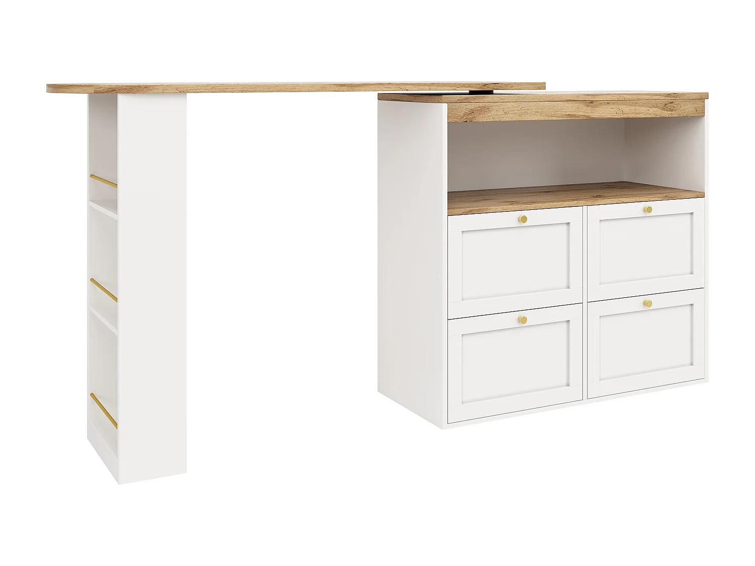 Credenza da cucina con piano girevole a 360°, 4 cassetti e 1 nicchia, bianca - 204x39x104cm