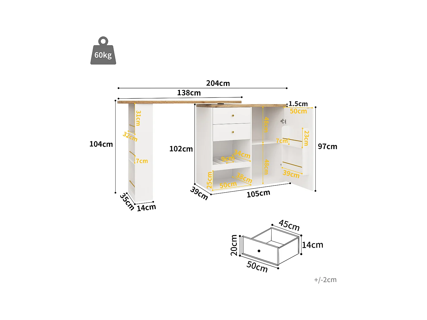 Buffet de cuisine avec plateau 360°pivotant, 2 tiroirs, 1 porte et 2 niches, blanc - 204x39x104cm