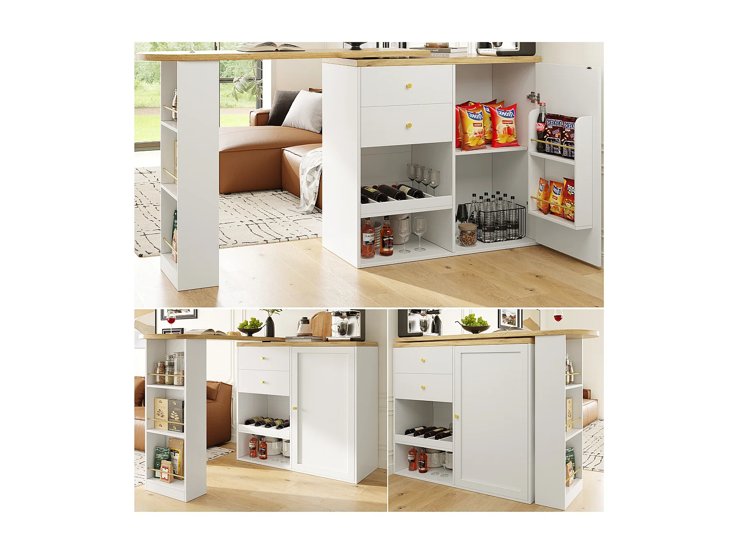 Buffet de cuisine avec plateau 360°pivotant, 2 tiroirs, 1 porte et 2 niches, blanc - 204x39x104cm