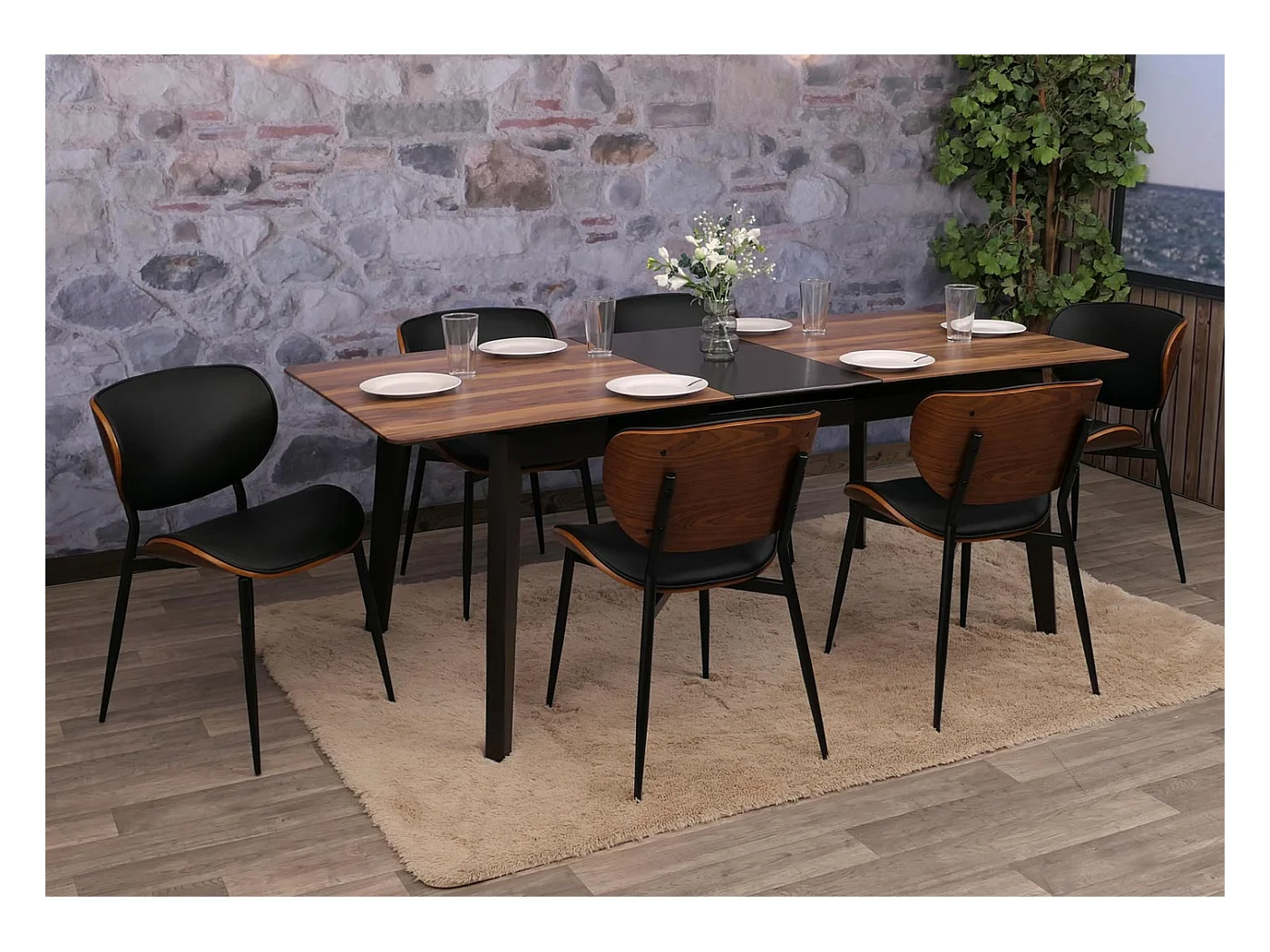 Esszimmerstuhl MCW-O45 (6er-Set), Walnuss-Optik, schwarz