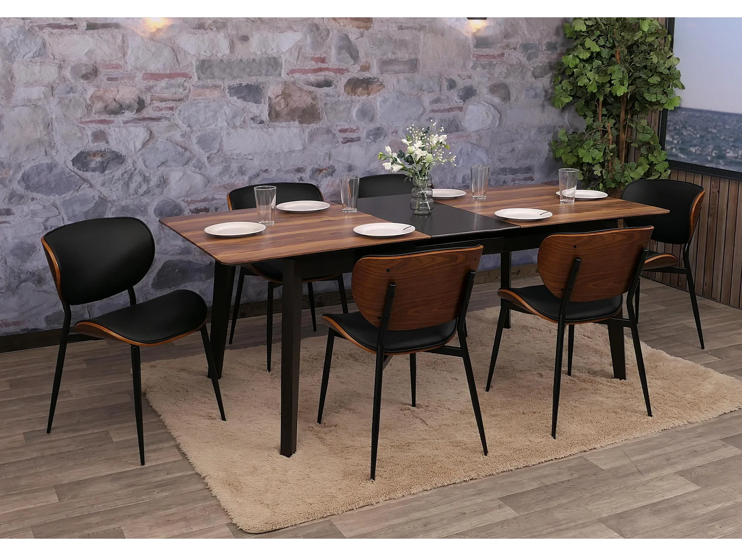 Chaise de salle à manger MCW-O45 (lot de 6),  aspect noyer, noir