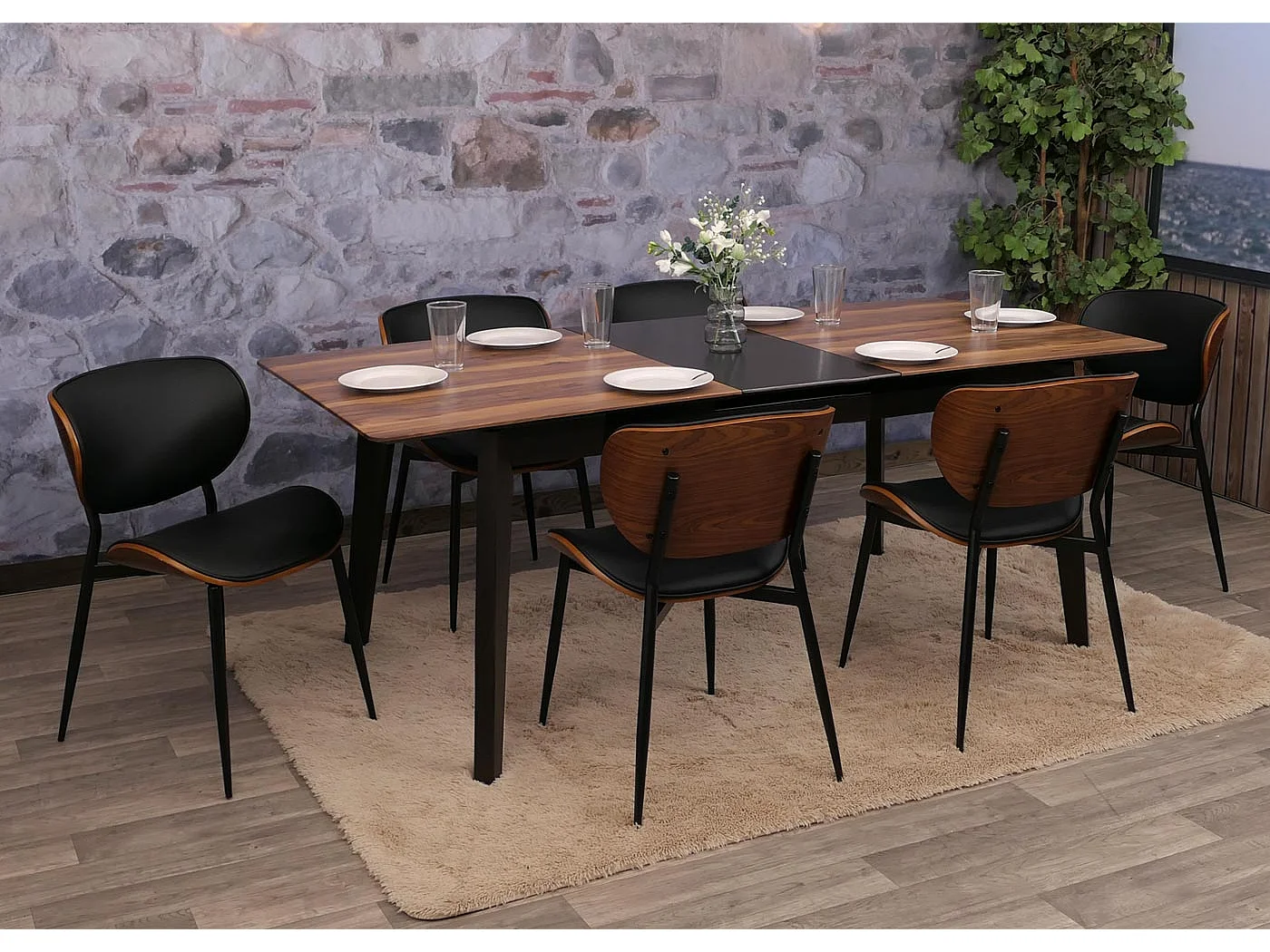 Chaise de salle à manger MCW-O45 (lot de 6),  aspect noyer, noir