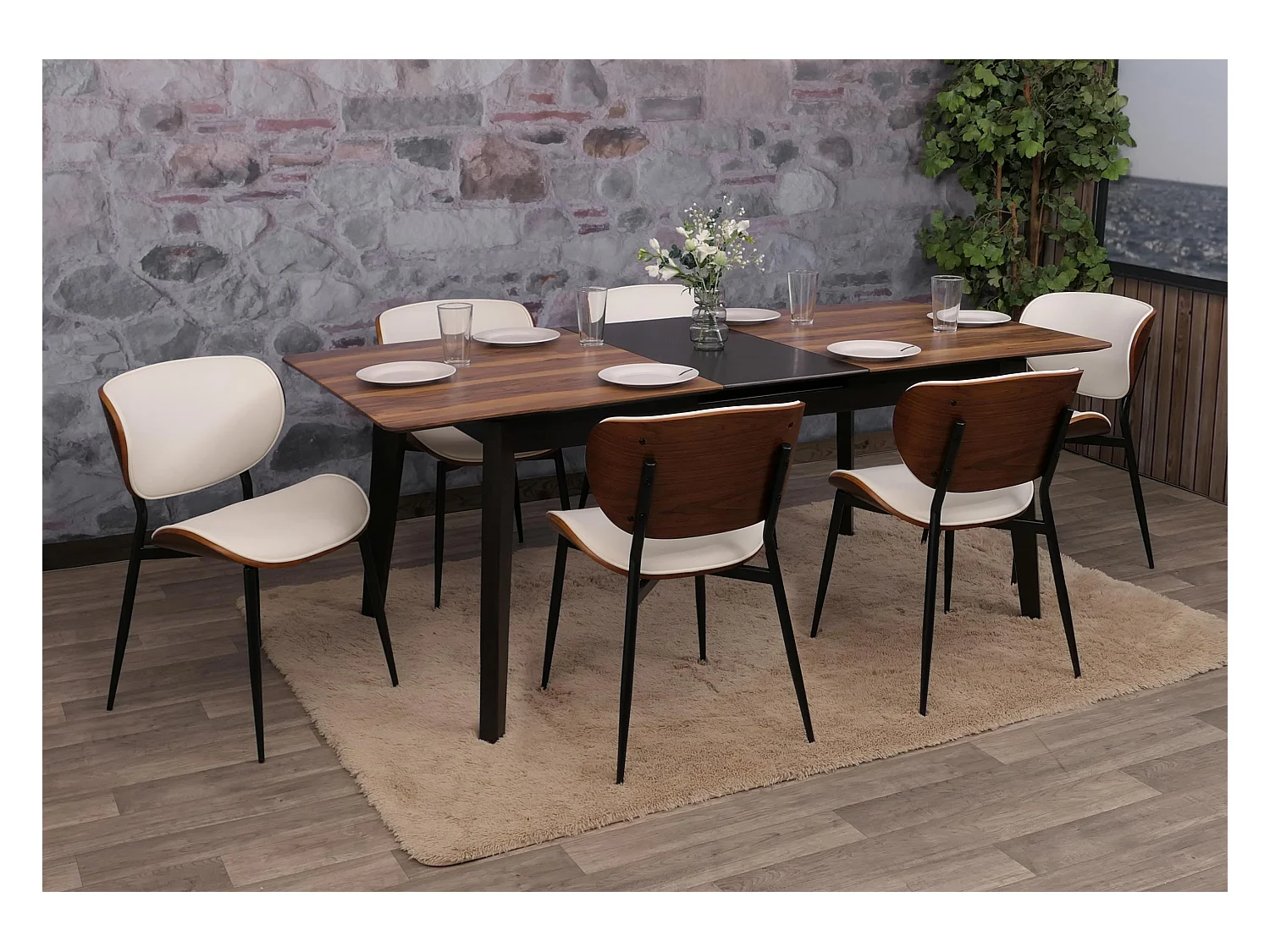 Chaise de salle à manger MCW-O45 (lot de 6),  aspect noyer, blanc