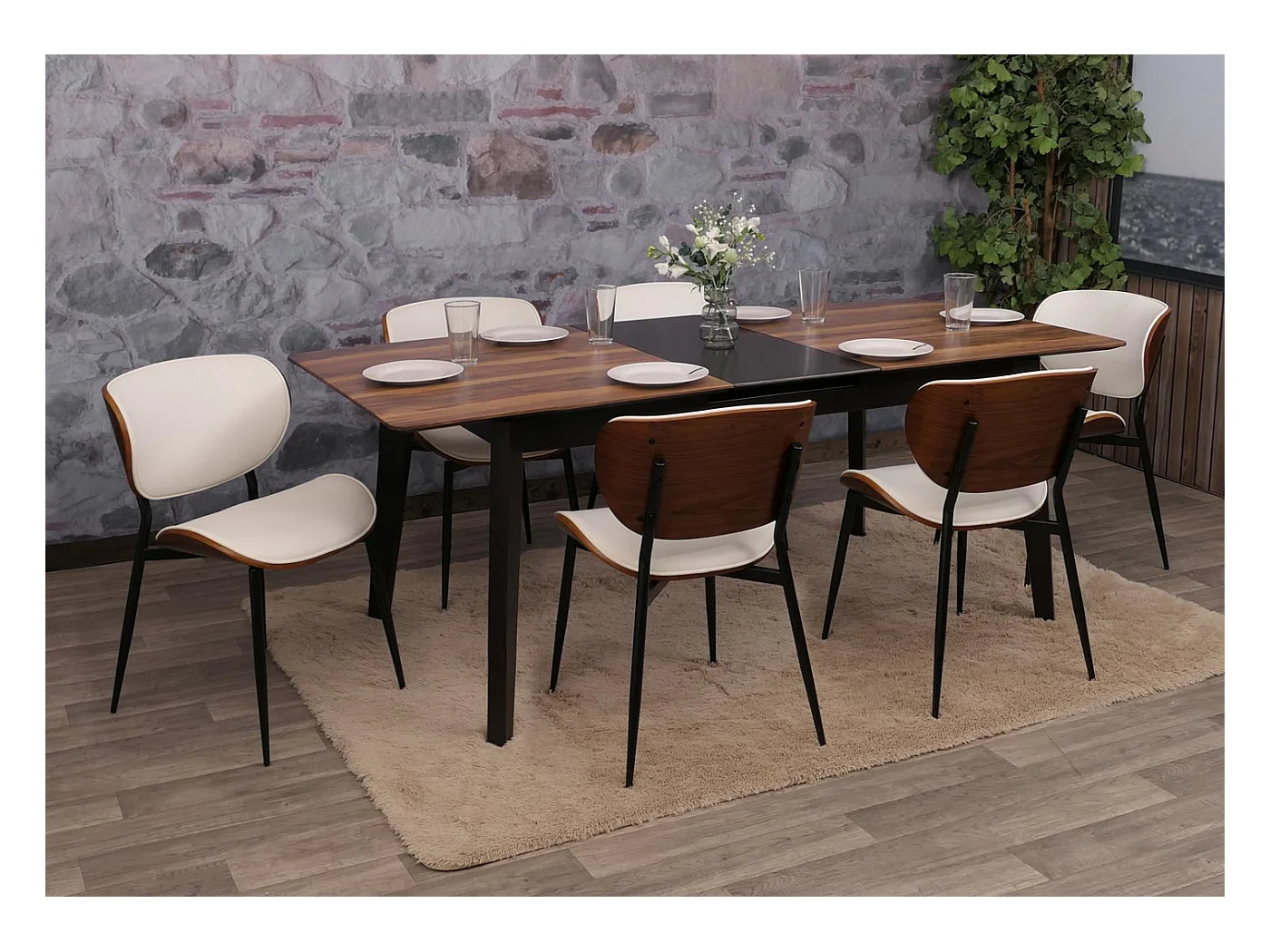 Chaise de salle à manger MCW-O45 (lot de 6),  aspect noyer, blanc