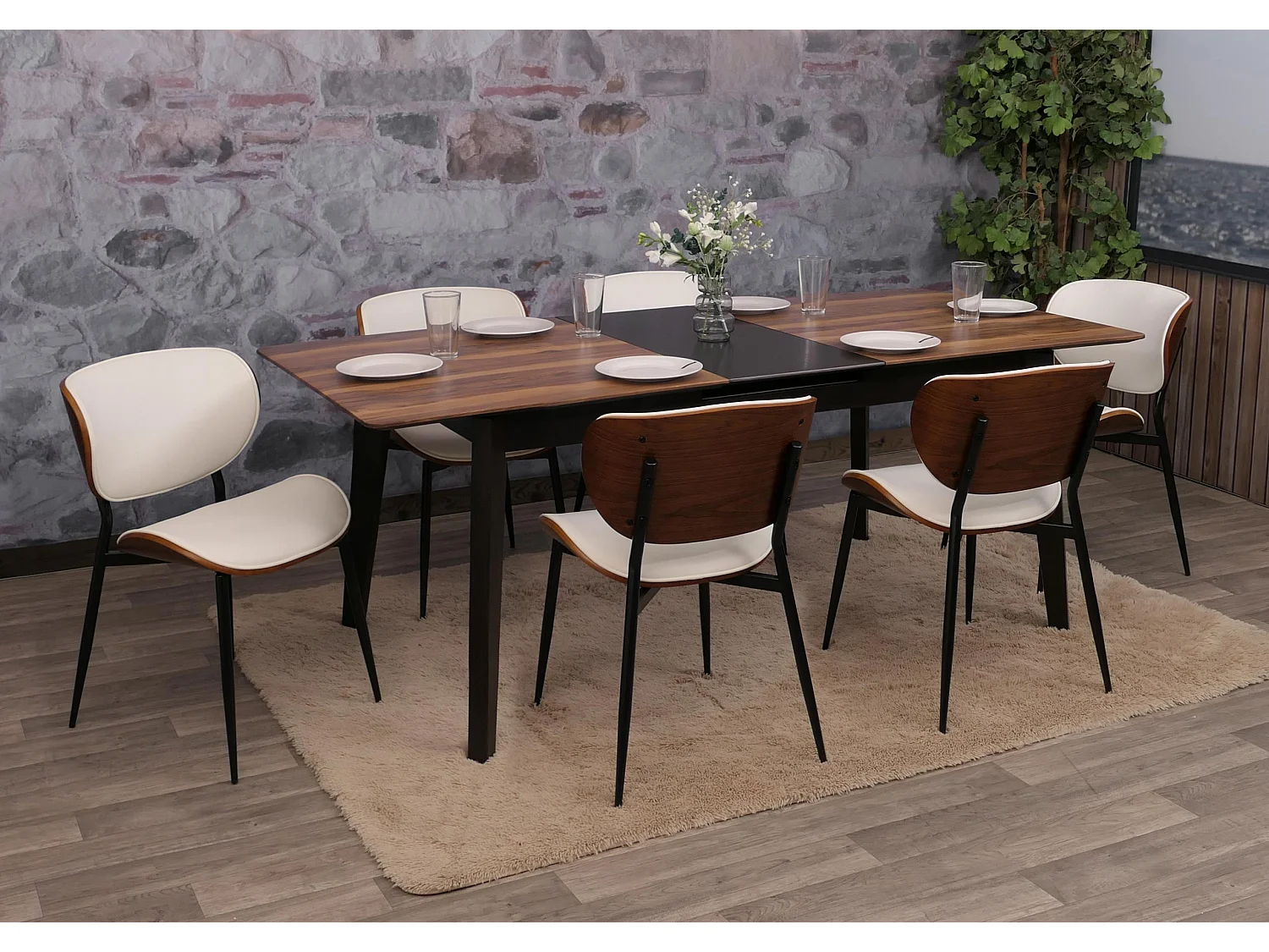 Chaise de salle à manger MCW-O45 (lot de 6),  aspect noyer, blanc