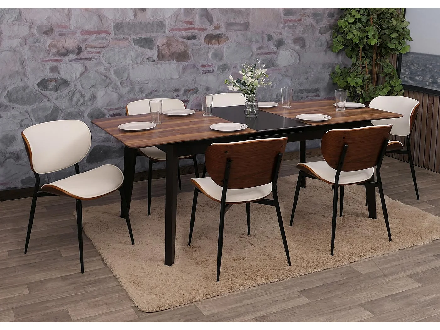 Chaise de salle à manger MCW-O45 (lot de 6),  aspect noyer, blanc