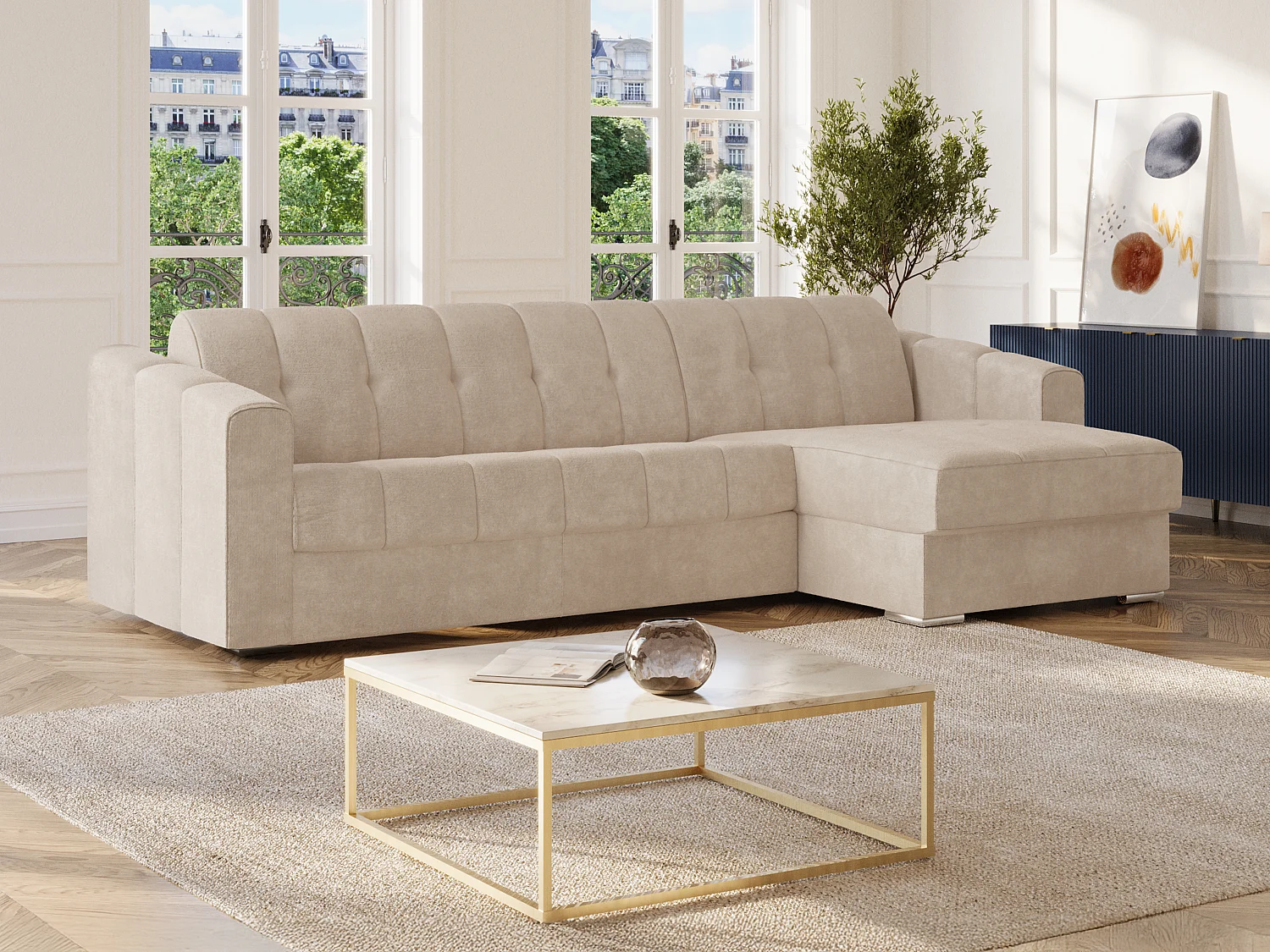 Canapé d'angle convertible express en tissu texturé beige - Couchage lattes larges 160 cm - Matelas 14 cm - DARIELO