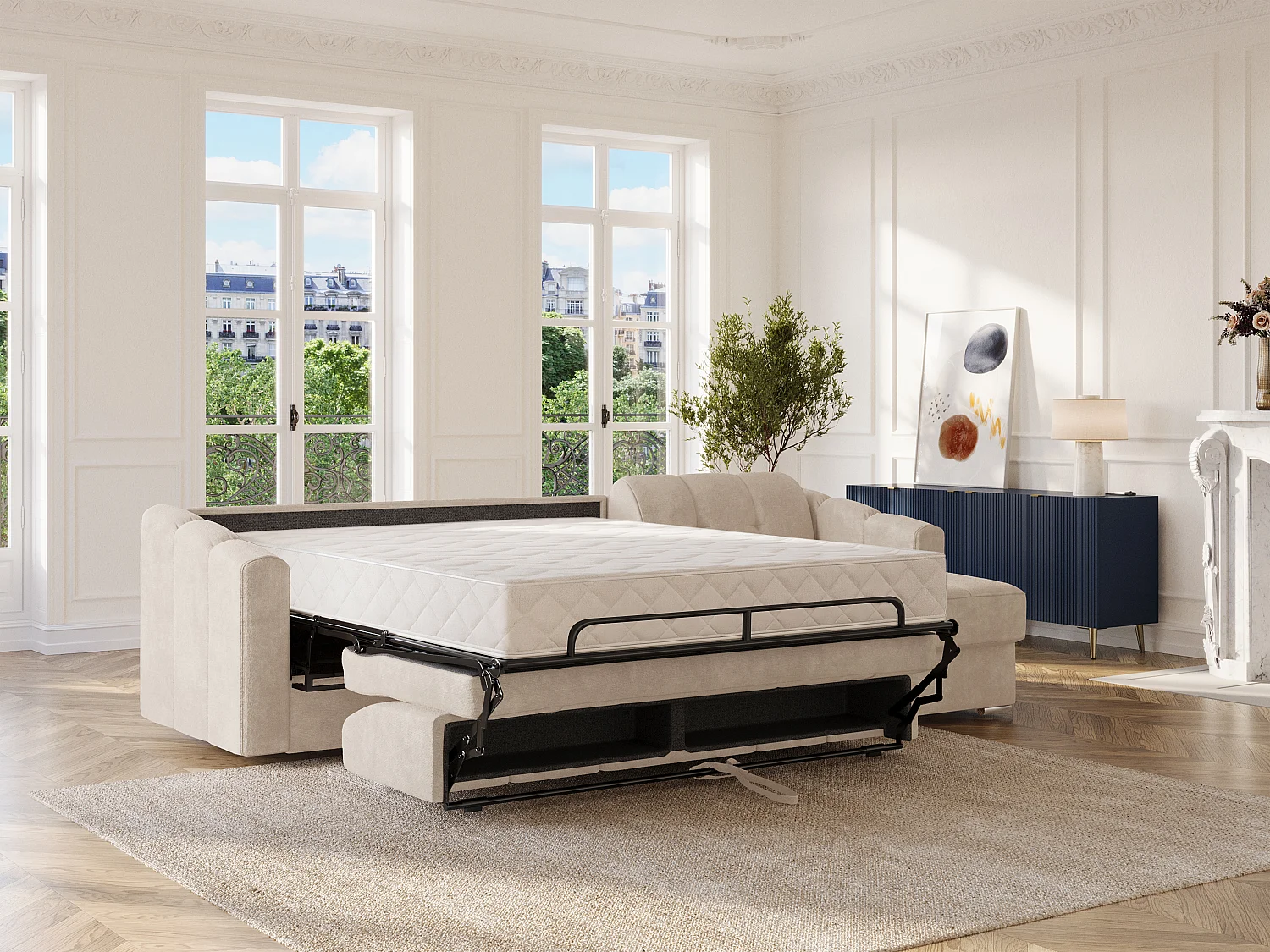 Sofá de canto convertível abertura rápida em tecido texturizado bege - Cama 160 cm - Colchão 22 cm com memória de forma - DARIELO