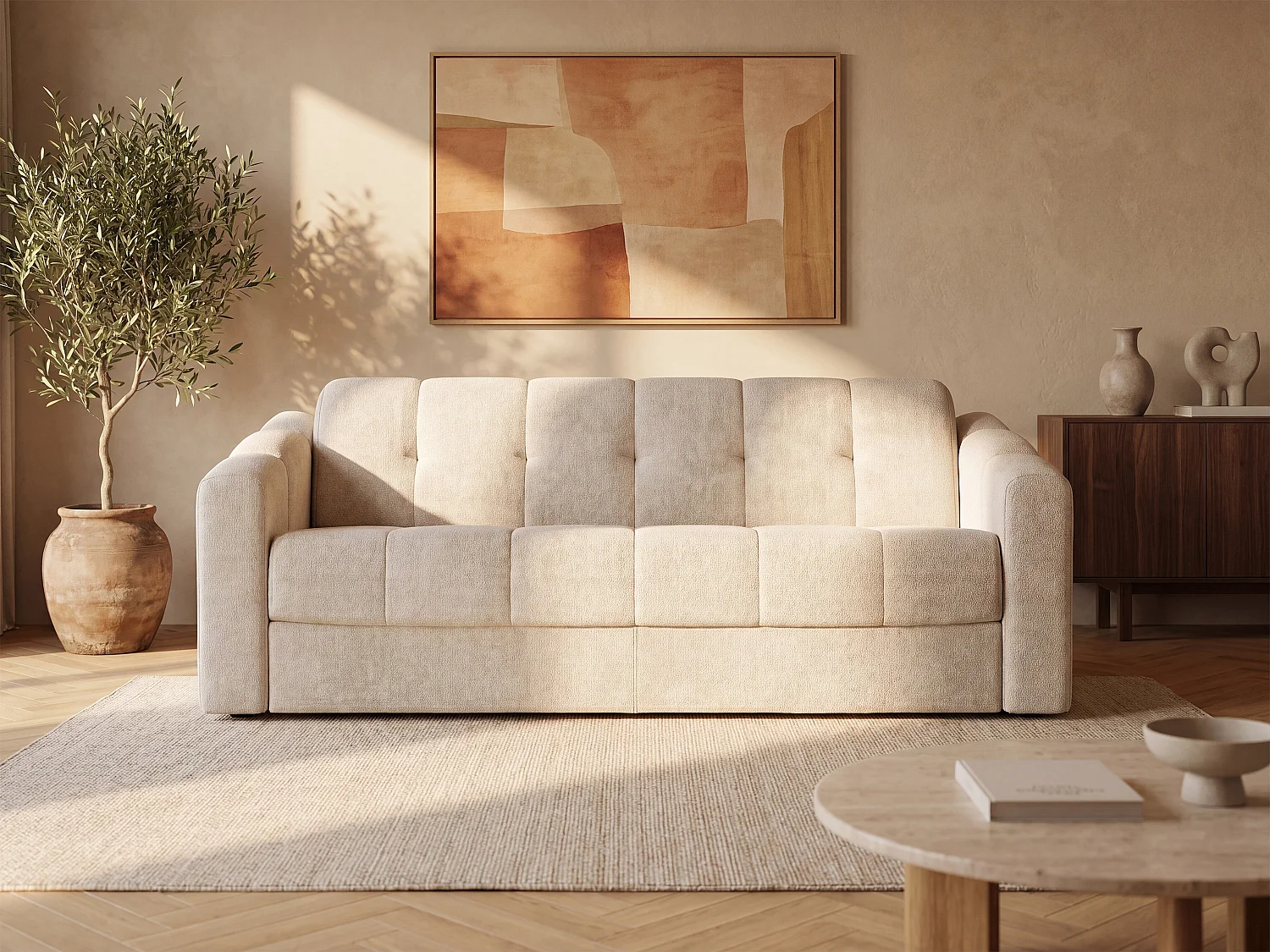 Divano letto 3 posti a ribalta Posto letto 140 cm con doghe larghe Materasso 18 cm in Tessuto testurizzato Beige DARIELO