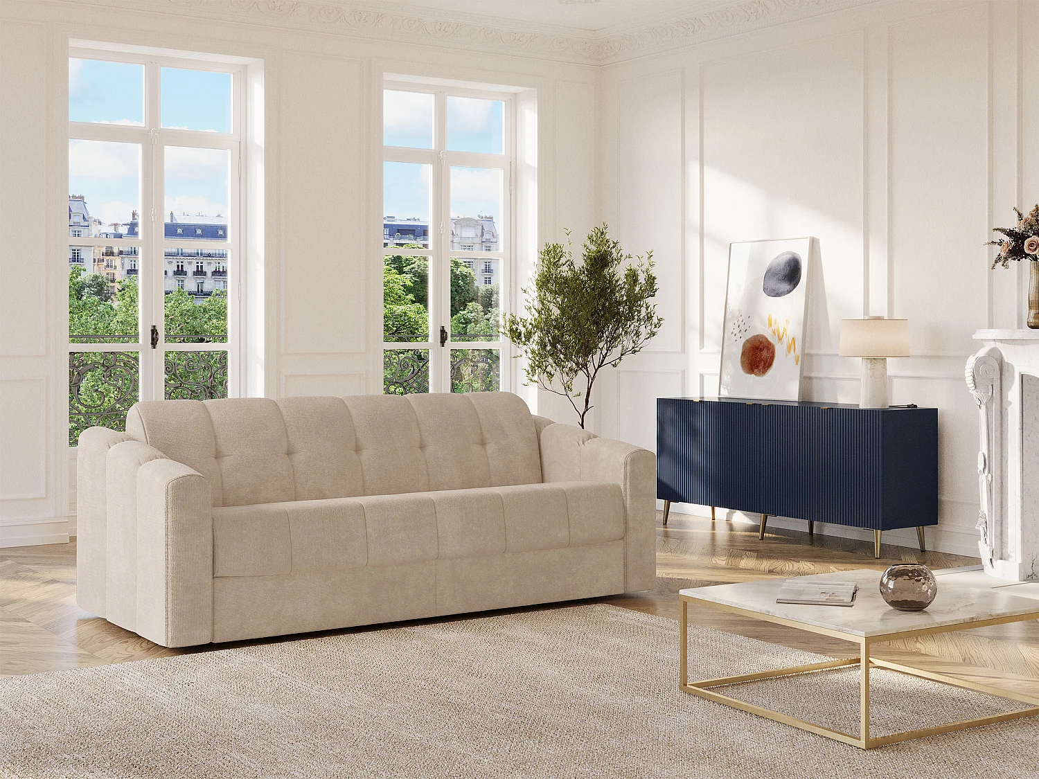 Driezitsslaapbank express van beige stof met textuur - Bed met brede latten 160 cm - Matras 22 cm met traagschuim DARIELO