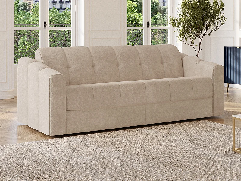 Canapé 3 places convertible express en tissu texturé beige - Couchage lattes larges 140 cm - Matelas 22 cm avec mémoire de forme - DARIELO