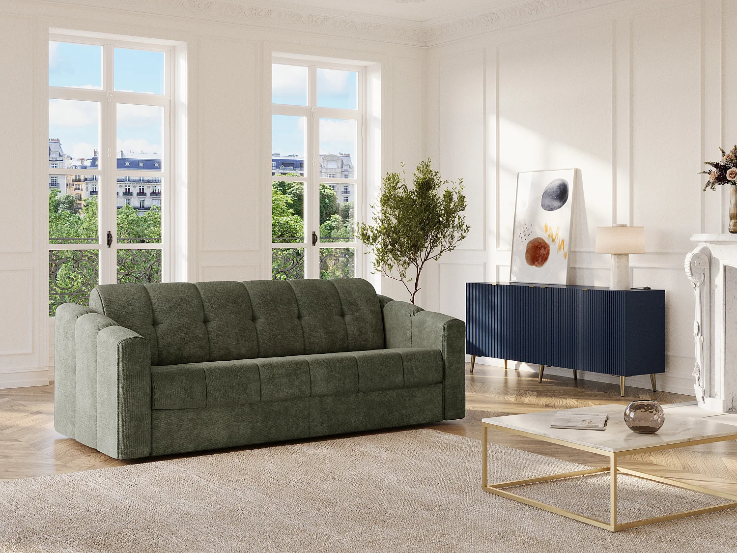 Canapé 3 places convertible express en tissu texturé vert kaki - Couchage 140 cm - Matelas 14 cm - DARIELO