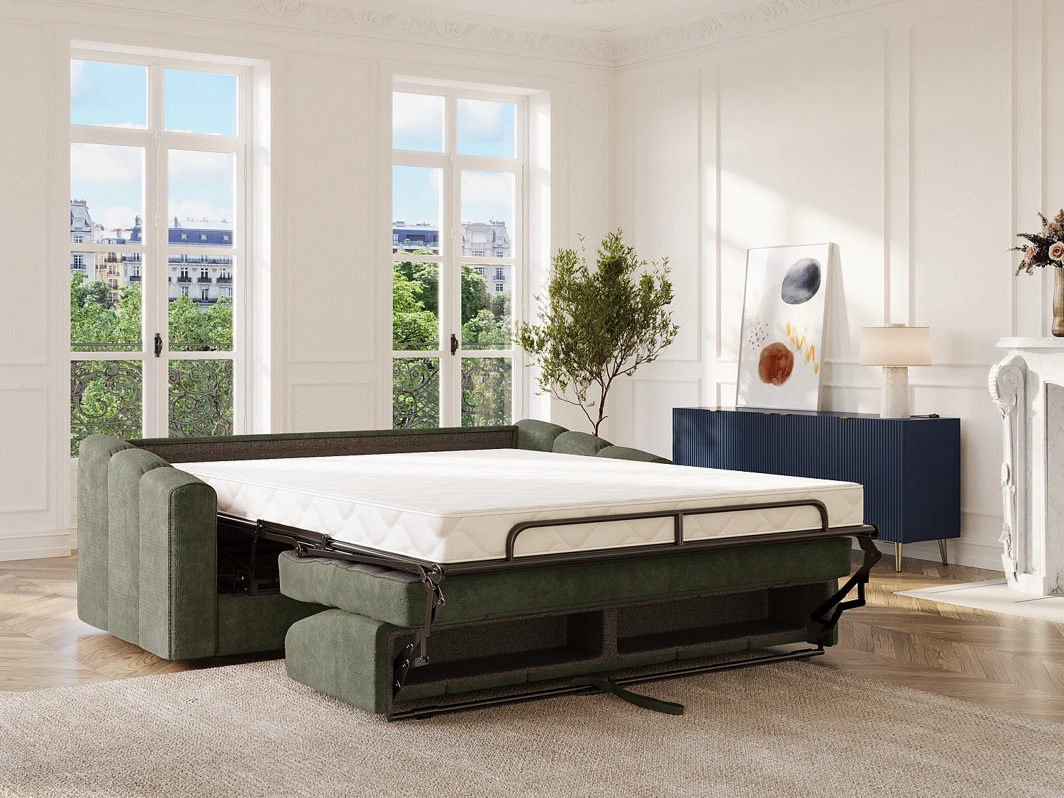 Canapé 4 places convertible express en tissu texturé vert kaki - Couchage lattes larges 160 cm - Matelas 14 cm - DARIELO