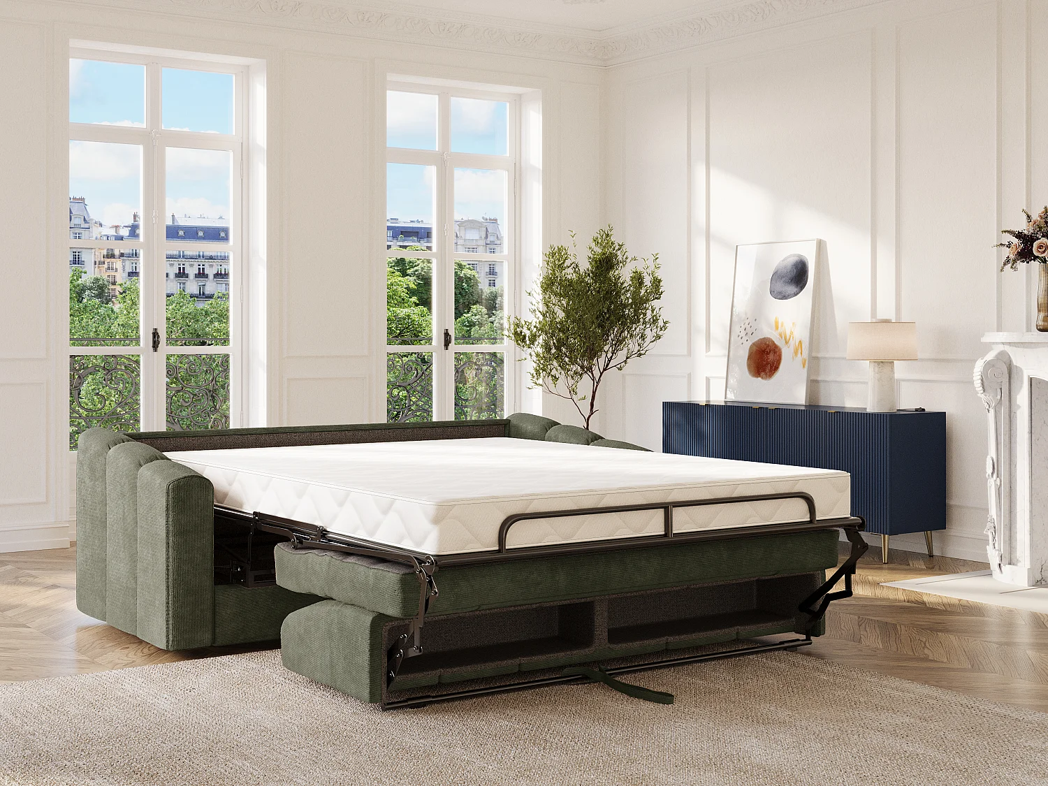 Canapé 3 places convertible express en tissu texturé vert kaki - Couchage lattes larges 140 cm - Matelas 18 cm - DARIELO