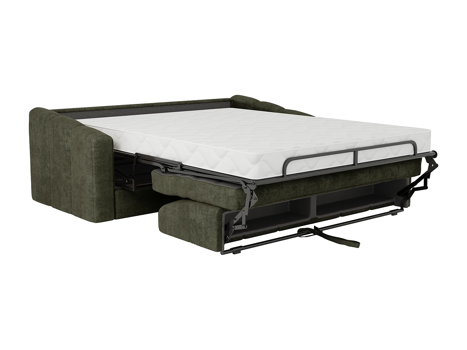 Canapé 3 places convertible express en tissu texturé vert kaki - Couchage lattes larges 140 cm - Matelas 18 cm - DARIELO