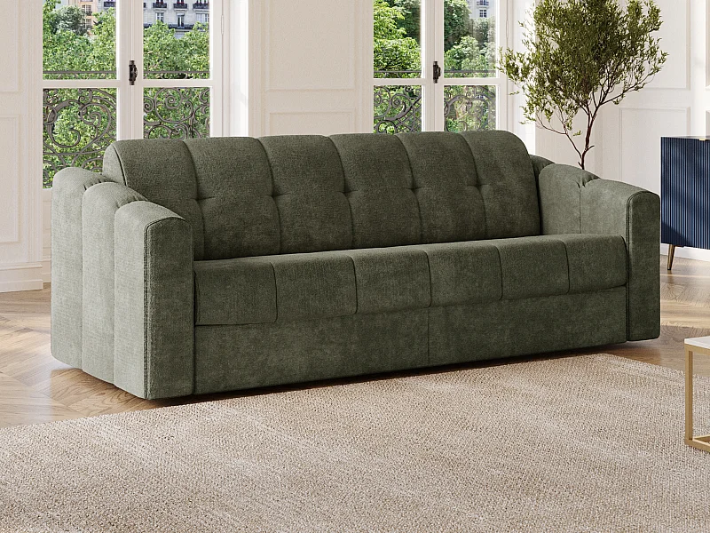 Canapé 3 places convertible express en tissu texturé vert kaki - Couchage lattes larges 140 cm - Matelas 18 cm - DARIELO
