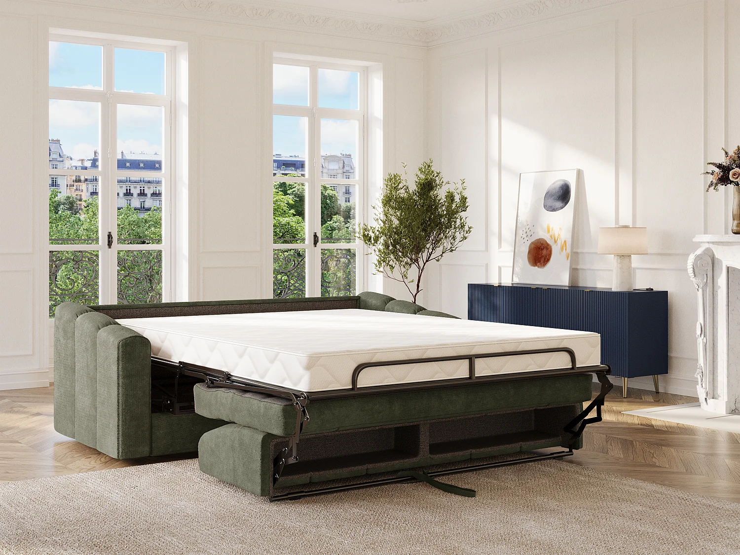 Canapé 4 places convertible express en tissu texturé vert kaki - Couchage lattes larges 160 cm - Matelas 18 cm - DARIELO