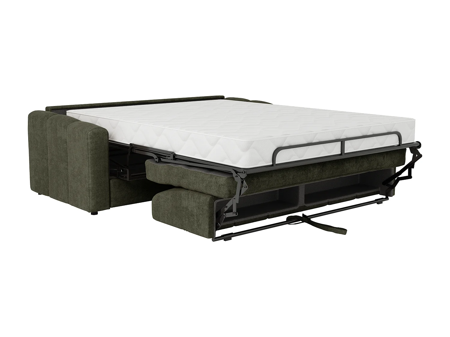 Canapé 4 places convertible express en tissu texturé vert kaki - Couchage 160 cm - Matelas 22 cm avec mémoire de forme - DARIELO