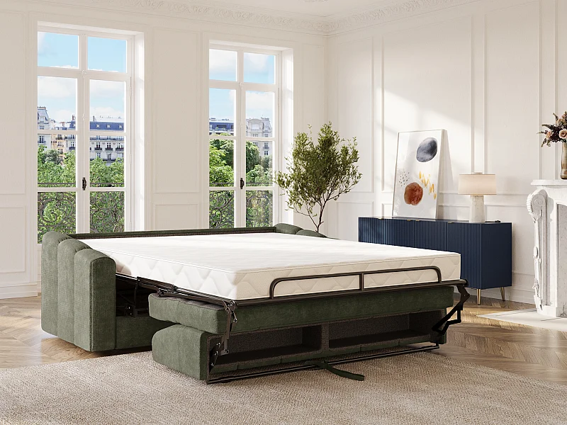 Canapé 4 places convertible express en tissu texturé vert kaki - Couchage 160 cm - Matelas 22 cm avec mémoire de forme - DARIELO