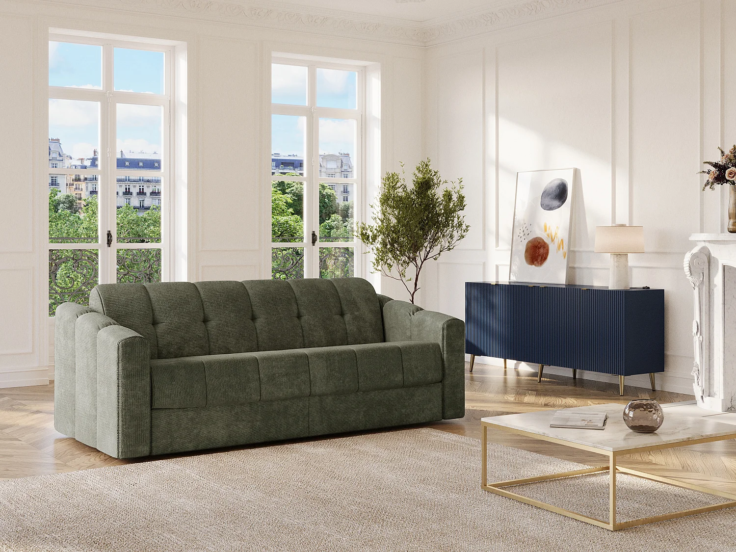 Driezitsslaapbank express van stof met textuur groen kaki - Bed met brede latten 140 cm - Matras 22 cm met traagschuim DARIELO