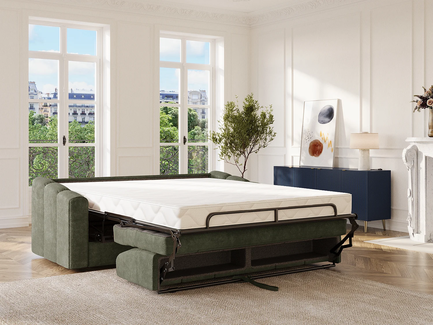 Canapé 4 places convertible express en tissu texturé vert kaki - Couchage lattes larges 160 cm - Matelas 22 cm avec mémoire de forme - DARIELO