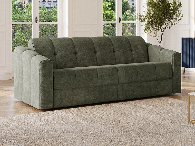 Driezitsslaapbank express van stof met textuur groen kaki - Bed met brede latten 160 cm - Matras 22 cm met traagschuim DARIELO