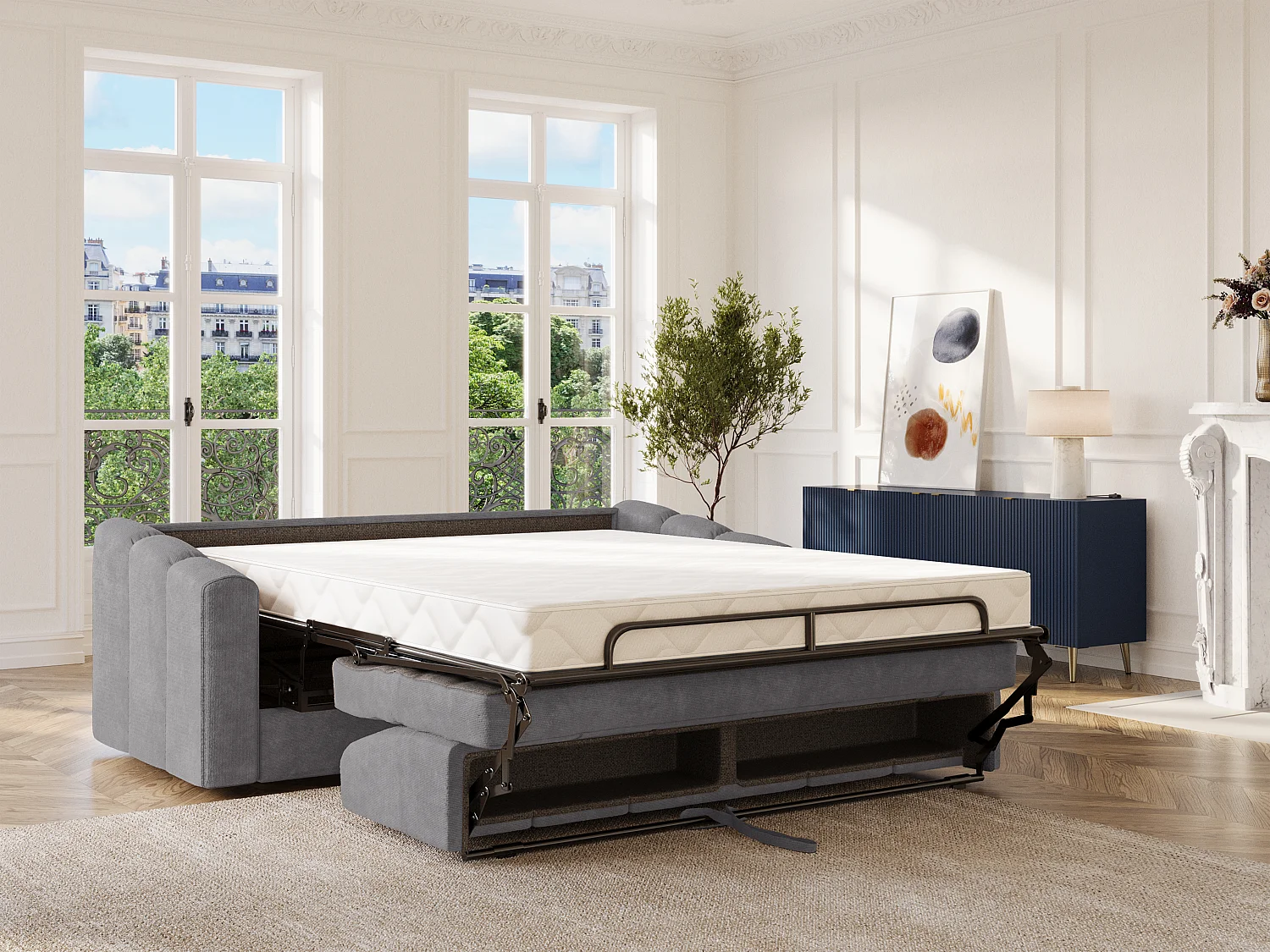 Canapé 4 places convertible express en tissu texturé gris - Couchage lattes larges 160 cm - Matelas 18 cm - DARIELO