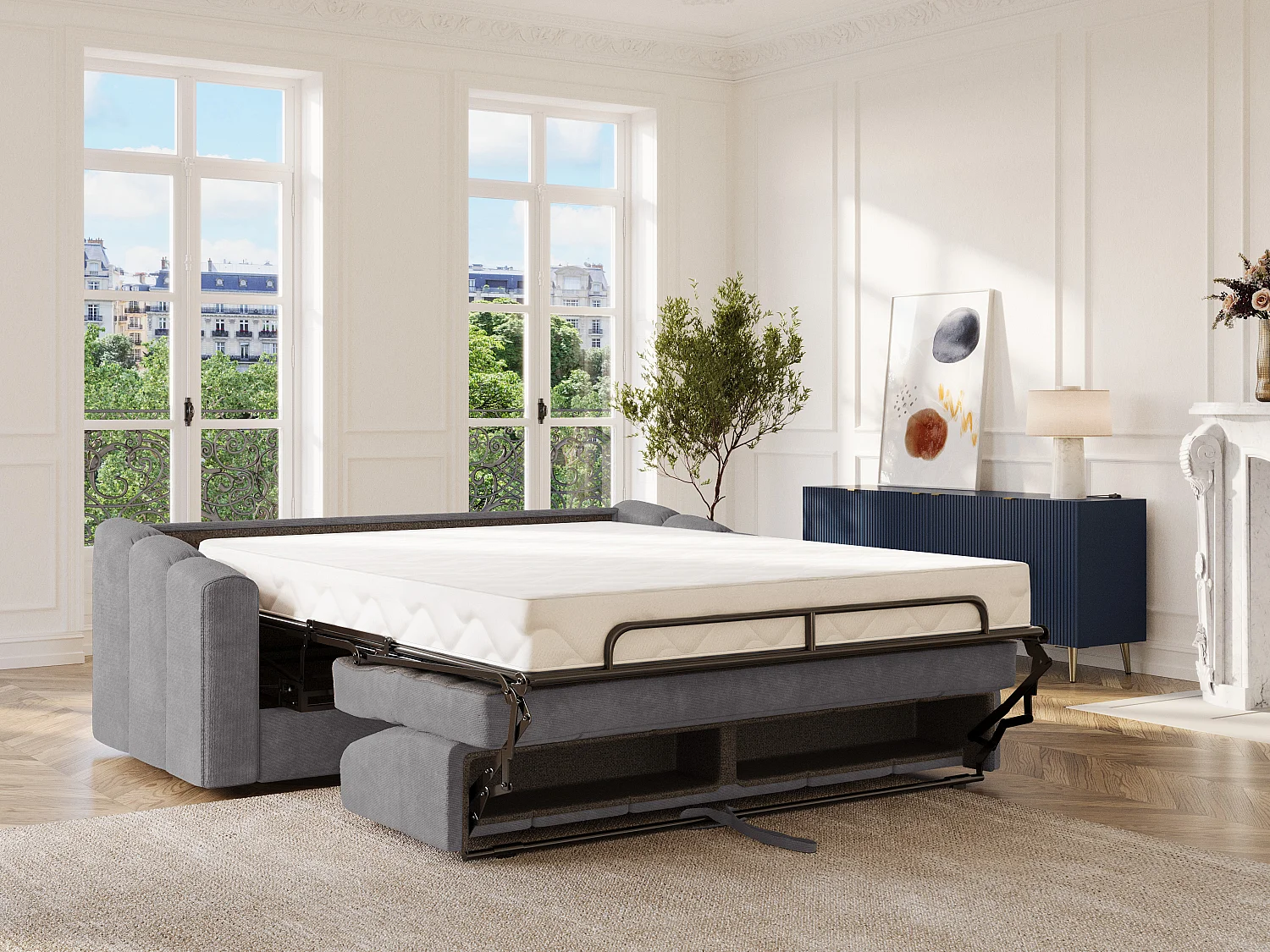 Canapé 3 places convertible express en tissu texturé gris - Couchage 140 cm - Matelas 22 cm avec mémoire de forme - DARIELO